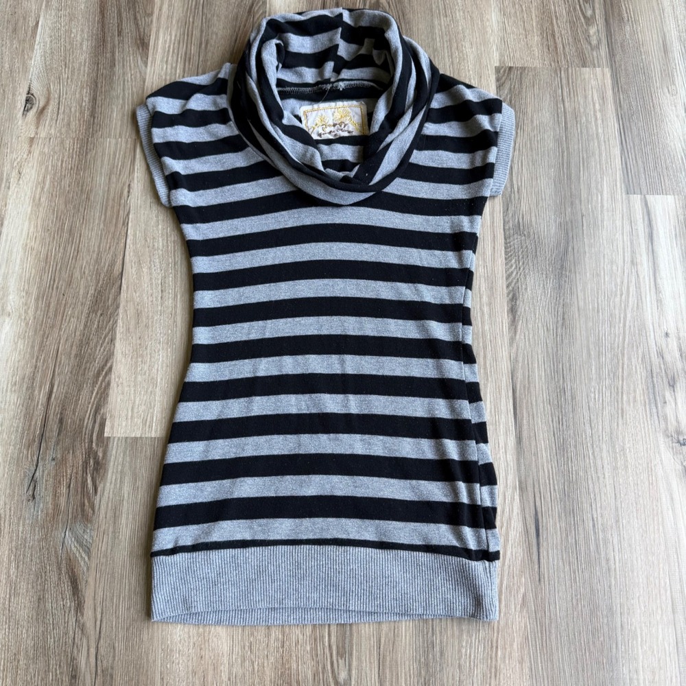 Vintage Y2K Poof For The Planet Grey Black Striped Cowl Neck Tunic Top M Grunge